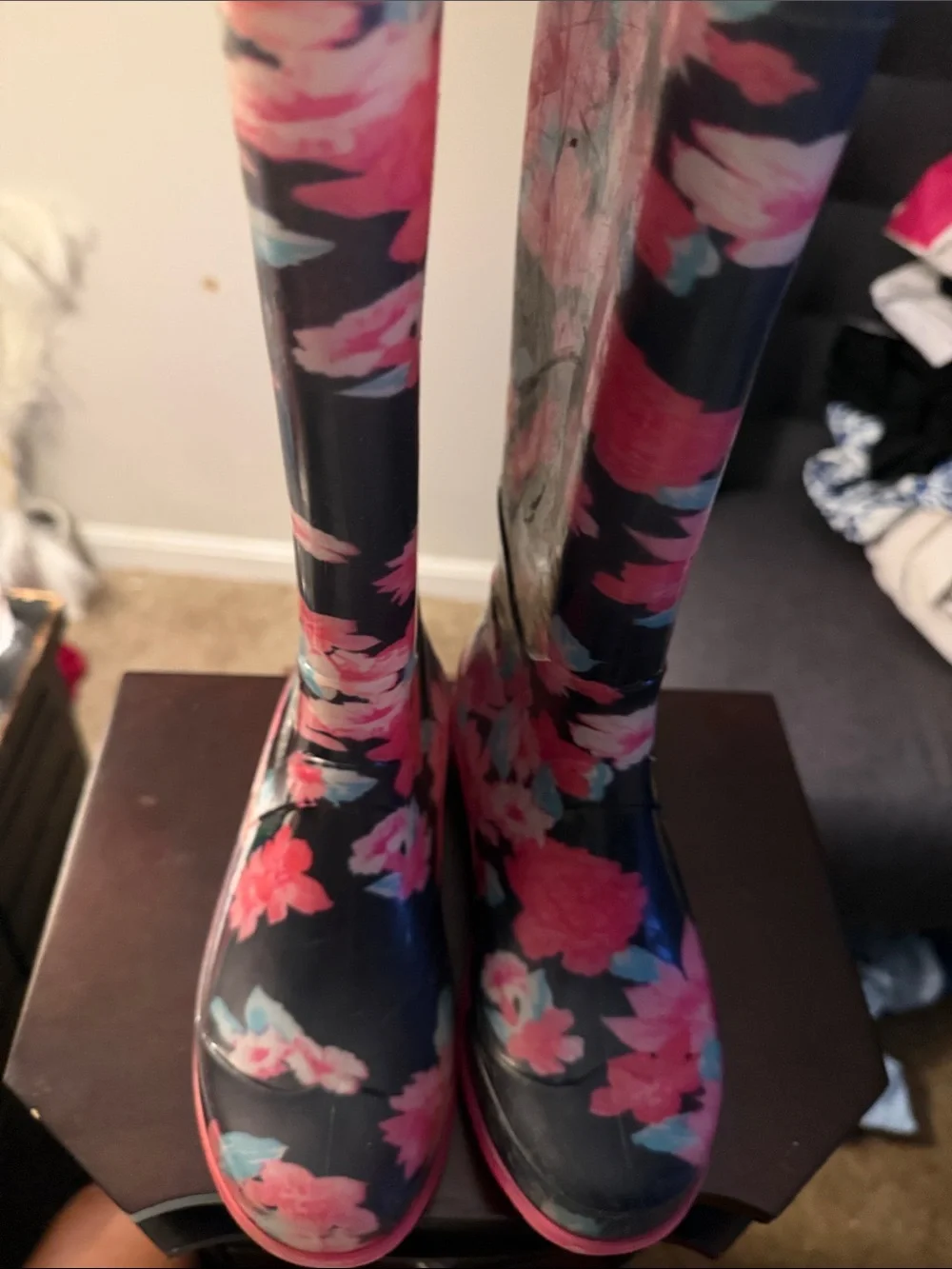 Kids Floral Rain Boots - Navy with Pink Flowers